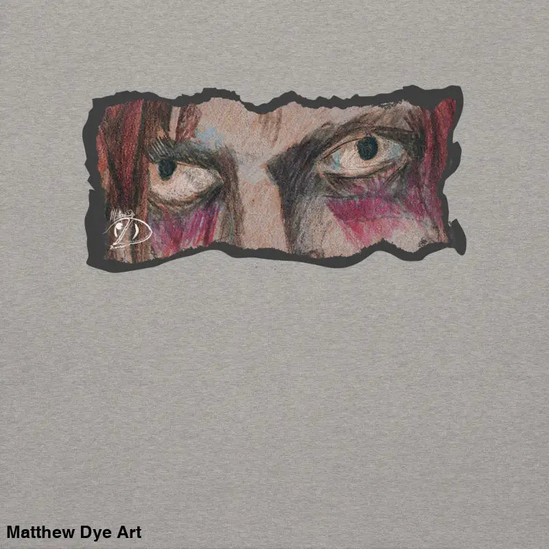 Intense eyes with face paint on Watcher’s Gaze sweatshirt, a timeless piece enriched in urban elegance