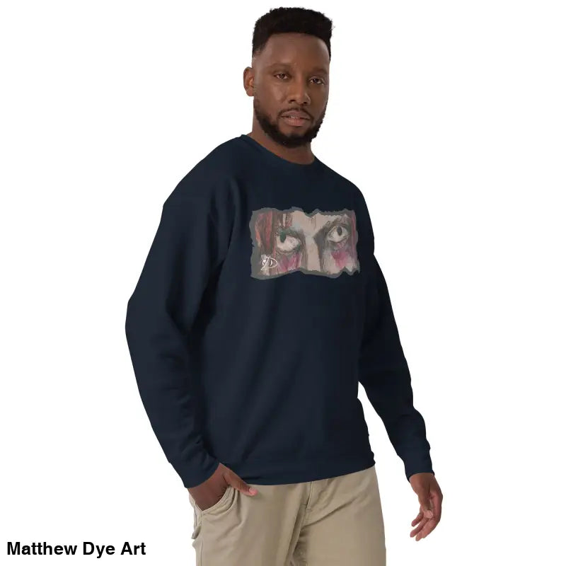 Navy blue sweatshirt featuring eye graphic in classic sweatshirt silhouette for urban elegance