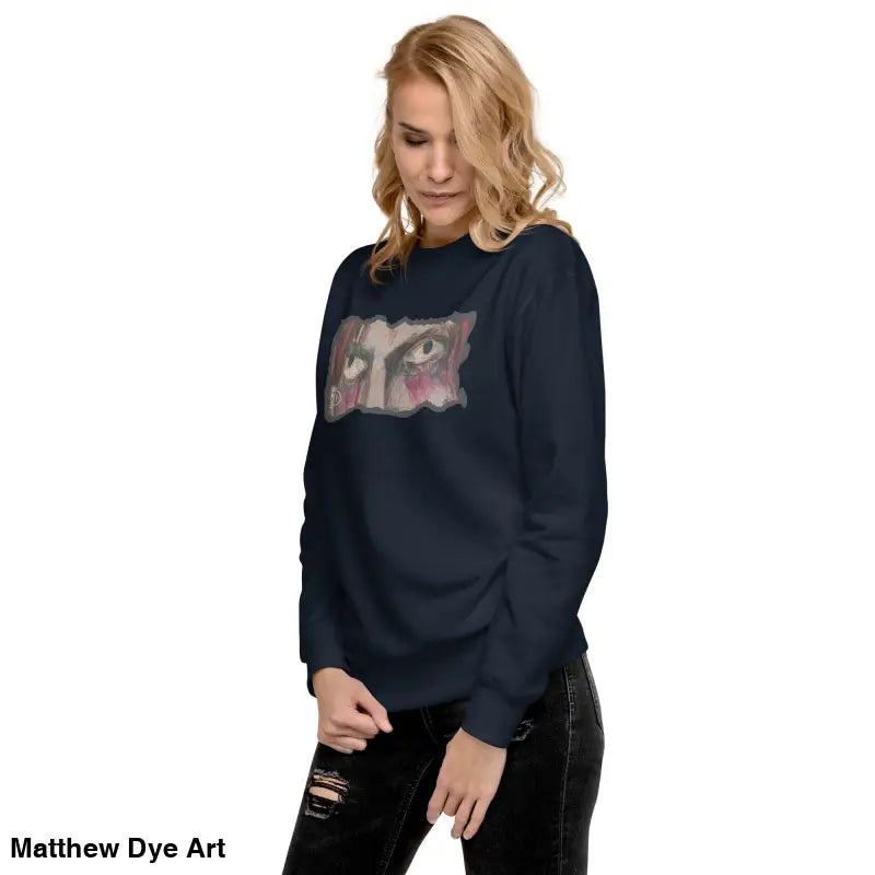 Navy blue sweatshirt with eye graphic, a timeless piece enriched with urban elegance