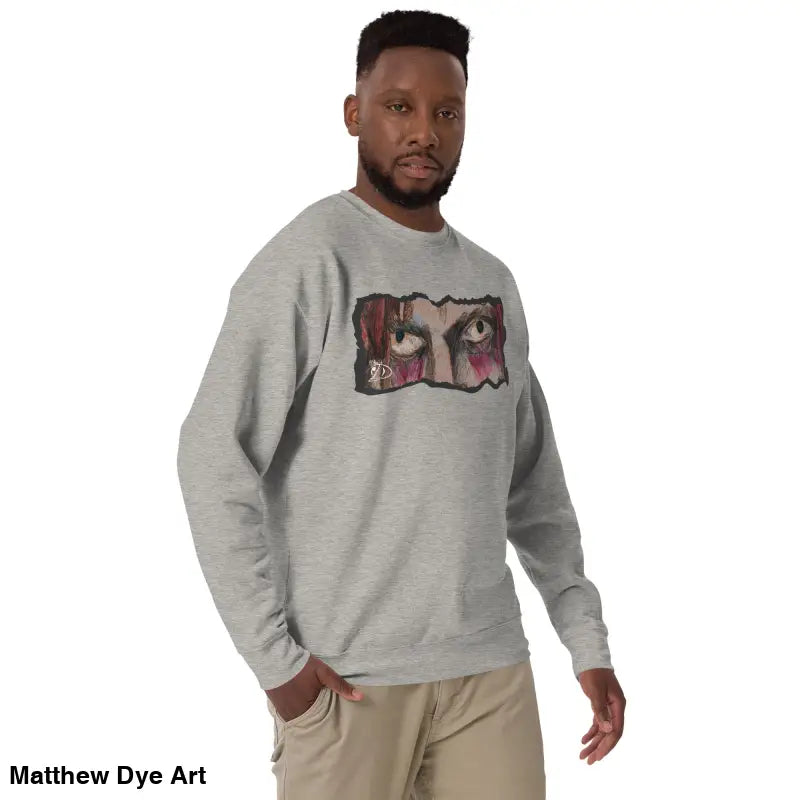 Gray sweatshirt with eye graphic reflecting urban elegance and classic sweatshirt silhouette