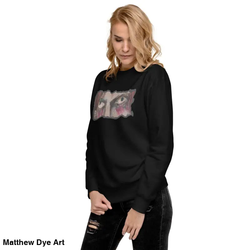 Black sweatshirt featuring eye graphic, embodying urban elegance in a classic silhouette