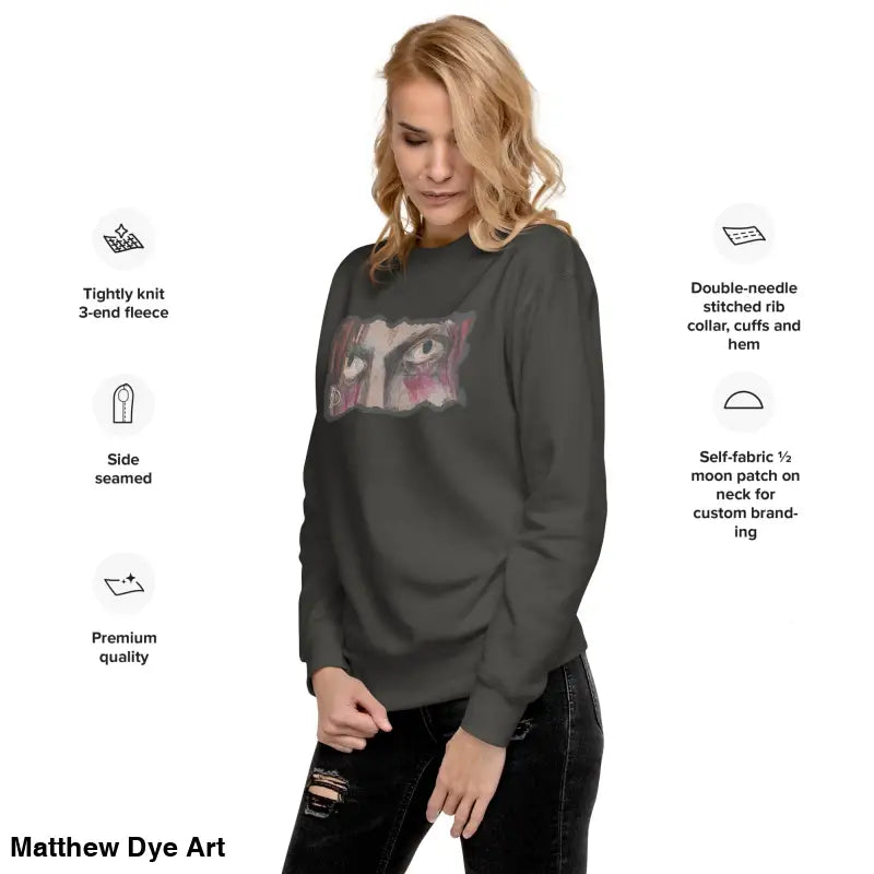 Gray sweatshirt with eye graphic in classic sweatshirt silhouette, embodying urban elegance