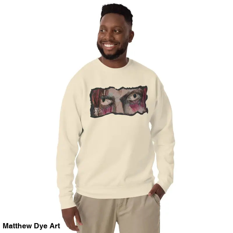 Beige sweatshirt with eye graphic embodies urban elegance in a classic sweatshirt silhouette
