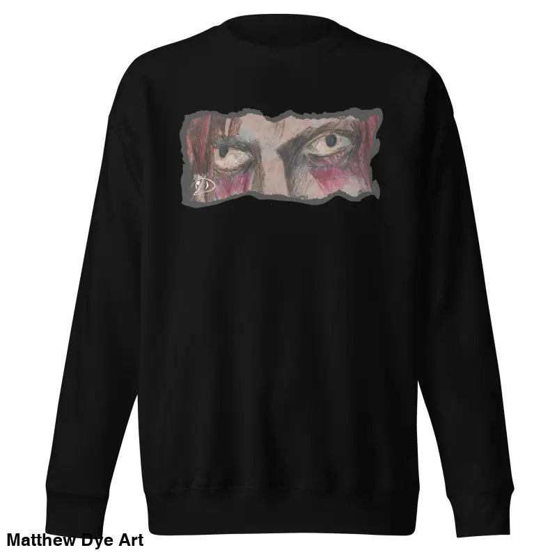 Black sweatshirt featuring eye graphic, embodying urban elegance in a timeless piece enriched