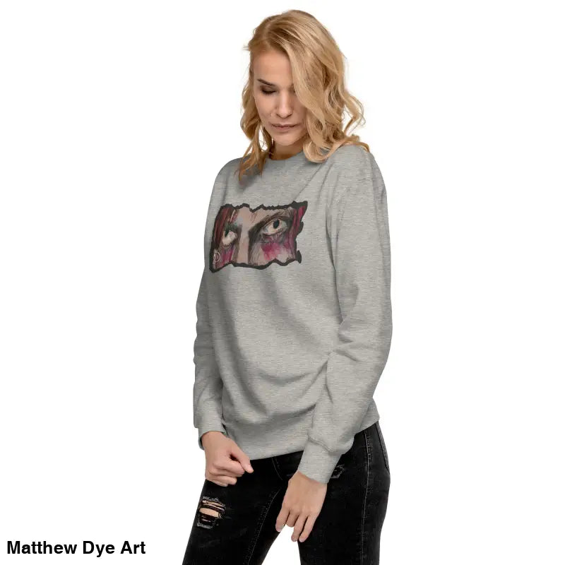Gray sweatshirt featuring eye graphic, a timeless piece enriched with urban elegance