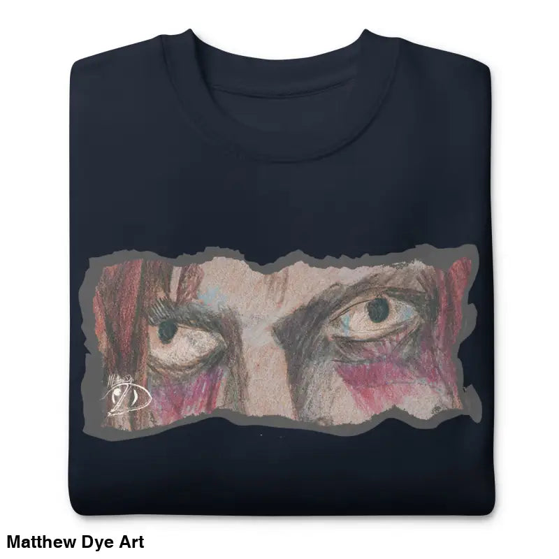 Navy blue sweatshirt with eye drawing offers urban elegance and a classic sweatshirt silhouette