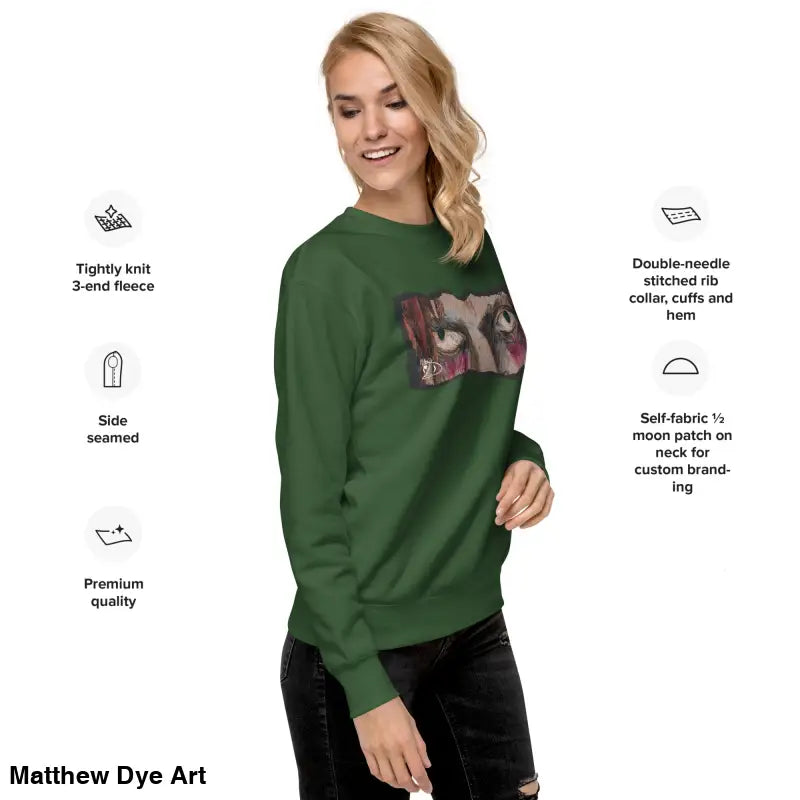 Green unisex sweatshirt featuring eye graphic, a timeless piece enriched with urban elegance