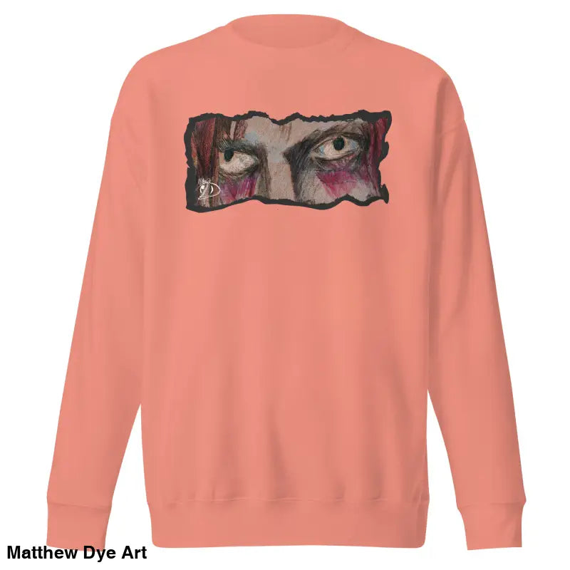 Salmon-colored sweatshirt featuring eye graphic, embodying urban elegance in classic silhouette