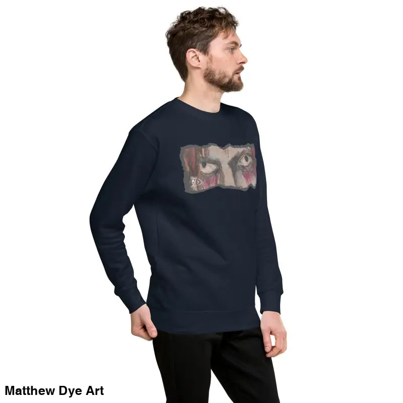 Navy long-sleeved Watcher’s Gaze sweatshirt featuring eye graphic, blending urban elegance