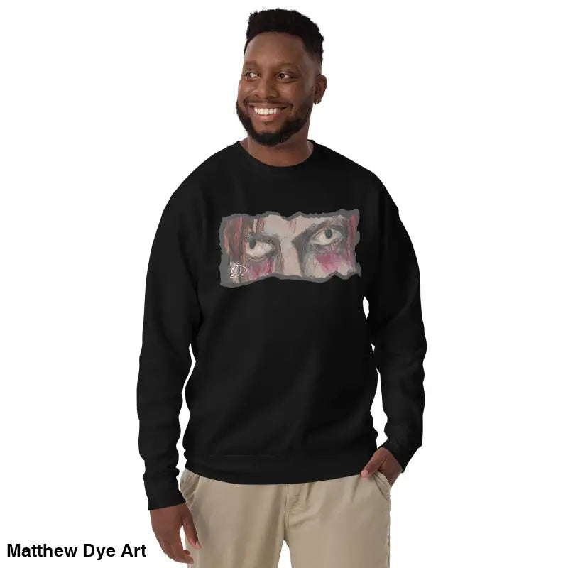 Black sweatshirt with eye graphic showcasing urban elegance and classic sweatshirt silhouette