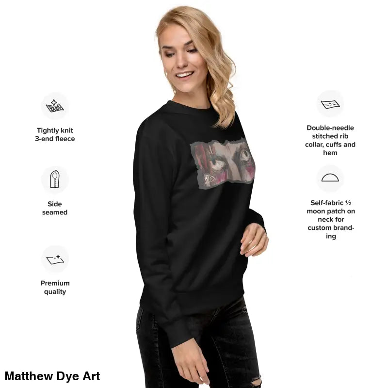 Black sweatshirt featuring graphic design, embodying urban elegance and classic sweatshirt silhouette