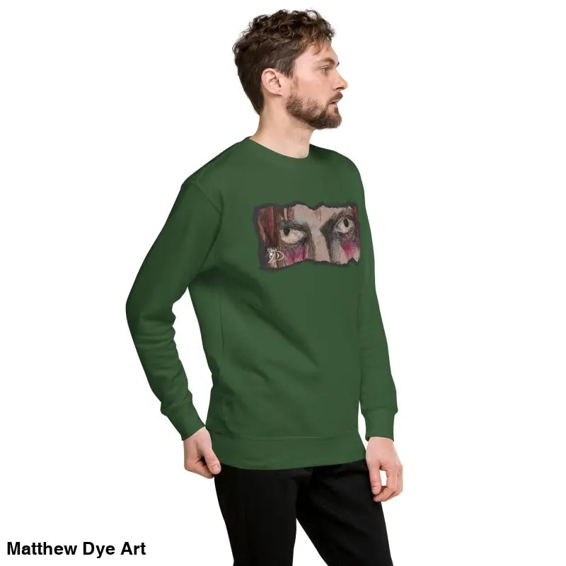 Green sweatshirt with eye graphic in classic sweatshirt silhouette, a timeless piece enriched