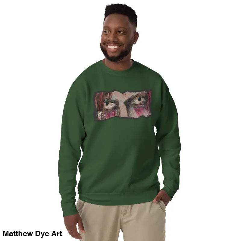 Green sweatshirt with eye graphic, a timeless piece enriched with urban elegance