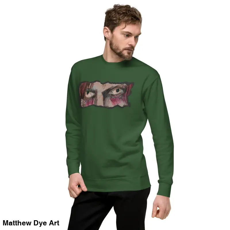 Green long-sleeved Watcher’s Gaze Sweatshirt featuring eye graphic, classic sweatshirt silhouette
