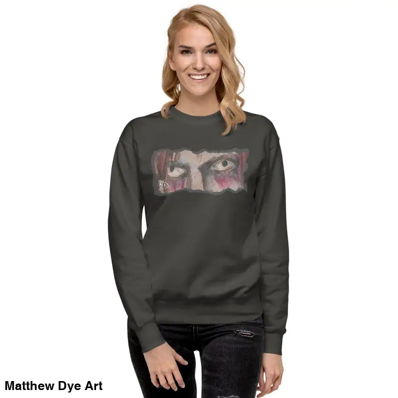 Gray sweatshirt featuring an eye graphic, a timeless piece enriched with urban elegance