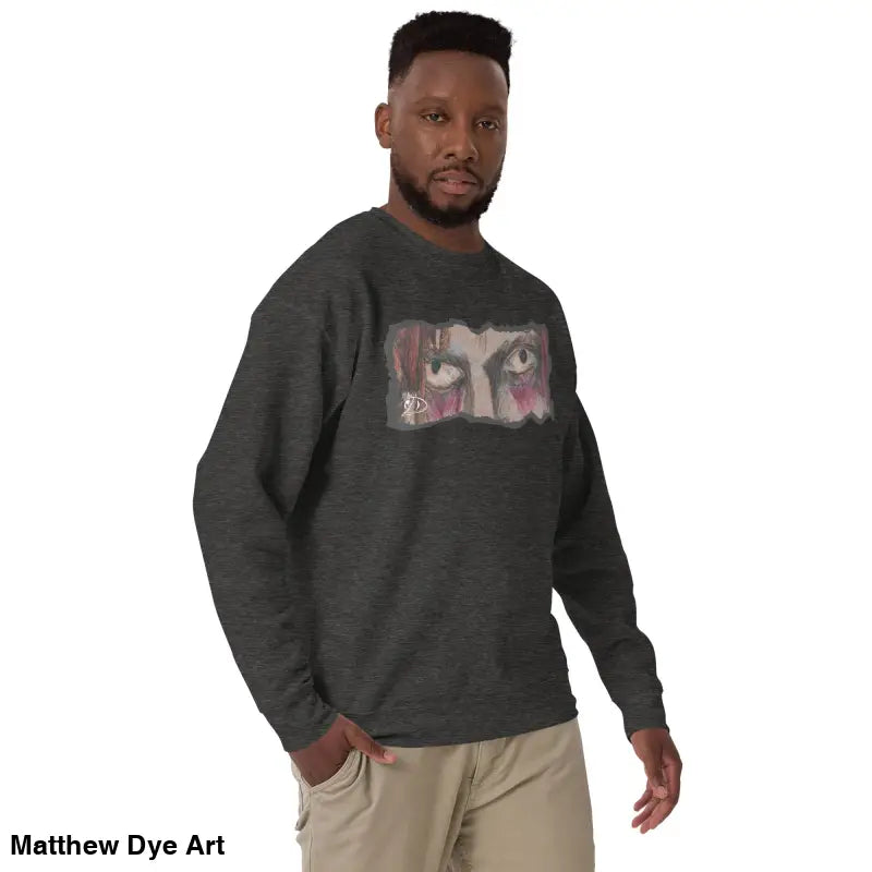 Man in graphic sweatshirt showcasing urban elegance and a classic sweatshirt silhouette