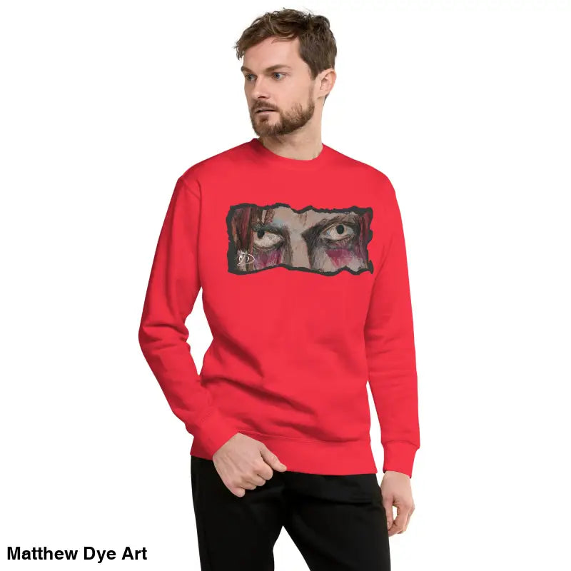 Red sweatshirt with eye graphic, embodying urban elegance in classic sweatshirt silhouette