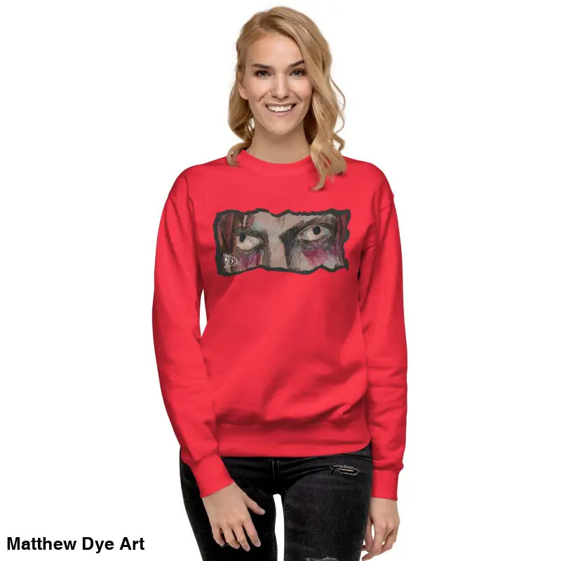 Red sweatshirt with eye graphic showcasing urban elegance in a classic sweatshirt silhouette