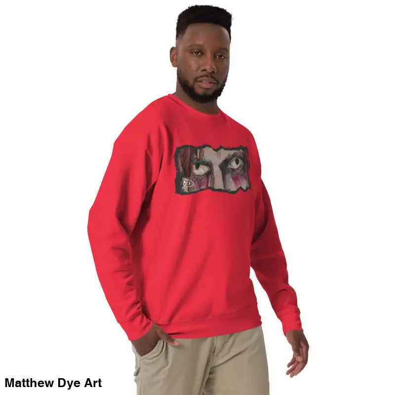 Red sweatshirt with eye graphic in classic sweatshirt silhouette, embodying urban elegance