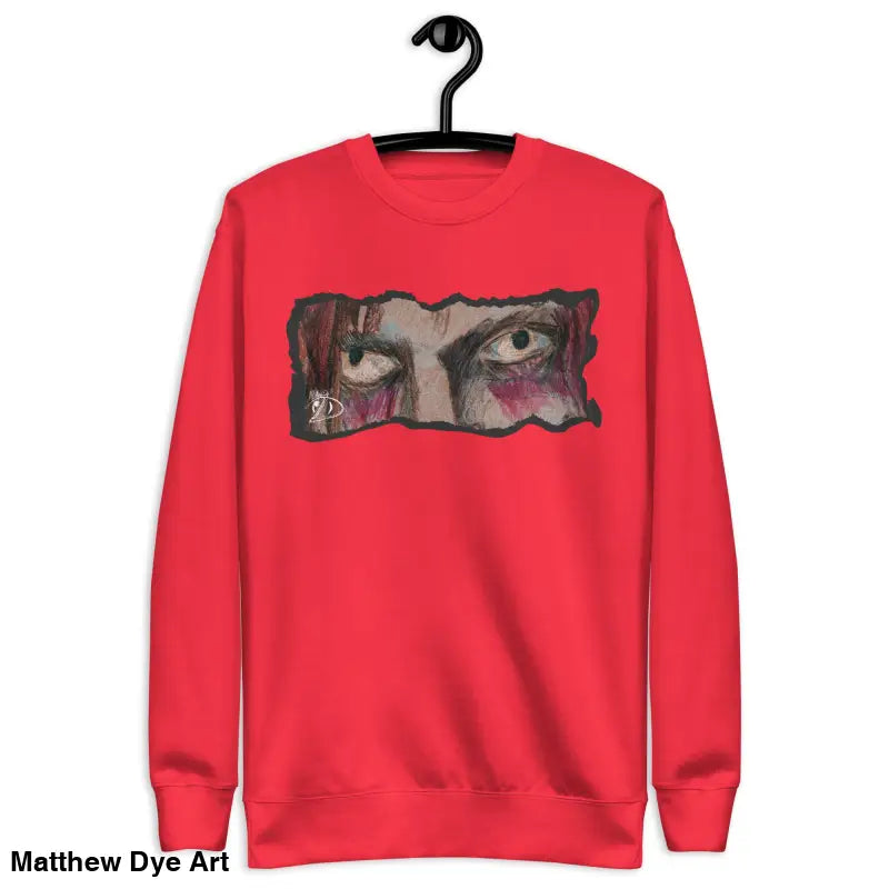 Red sweatshirt with eye graphic, featuring classic sweatshirt silhouette for urban elegance