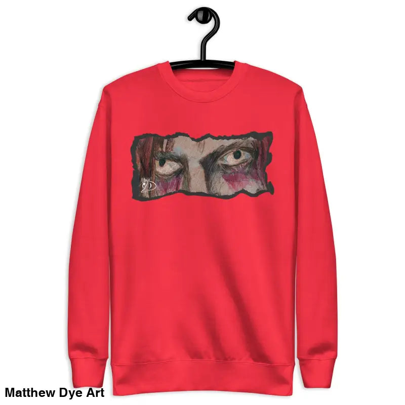 Red sweatshirt with eye graphic, featuring classic sweatshirt silhouette for urban elegance