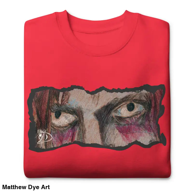 Red sweatshirt with eye graphic, classic sweatshirt silhouette, urban elegance in horror art