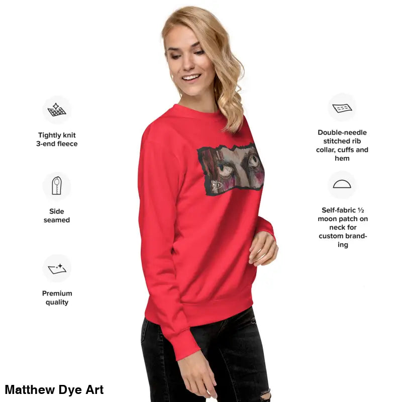 Red sweatshirt with eye graphic showcasing urban elegance in a classic sweatshirt silhouette