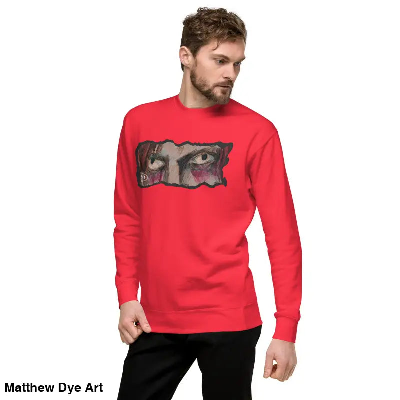 Red long-sleeved sweatshirt featuring eye graphic, a timeless piece enriched with urban elegance