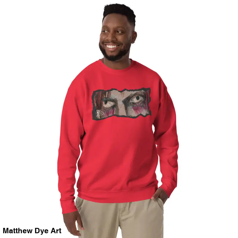 Red sweatshirt with eye graphic showcasing urban elegance and classic sweatshirt silhouette