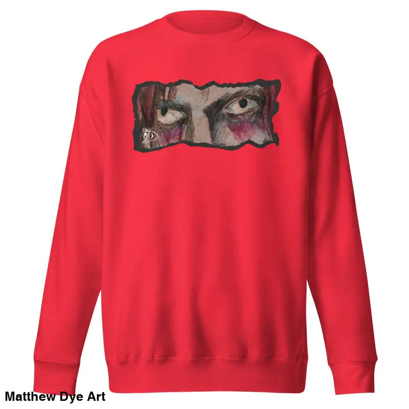 Red sweatshirt featuring eye graphic in classic sweatshirt silhouette for urban elegance
