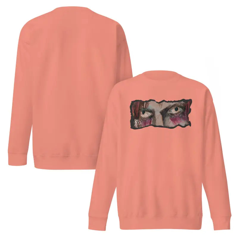 Salmon-colored sweatshirt featuring eye graphic in classic sweatshirt silhouette, urban elegance
