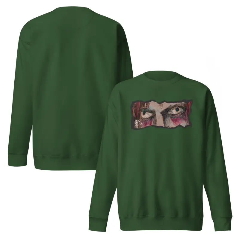 Green sweatshirt featuring eye graphic in classic sweatshirt silhouette for urban elegance