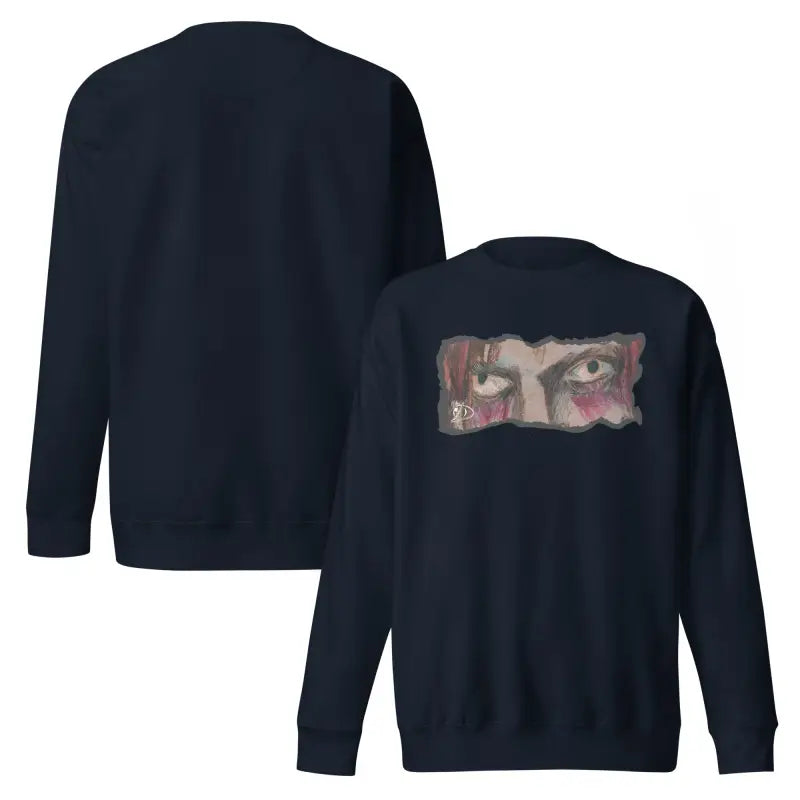 Navy blue Watcher’s Gaze unisex sweatshirt featuring eye graphic and classic sweatshirt silhouette
