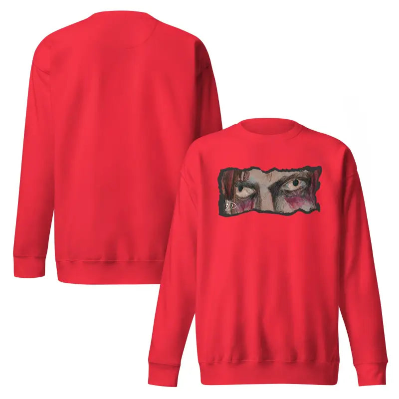 Red sweatshirt with eye graphic in classic sweatshirt silhouette for urban elegance
