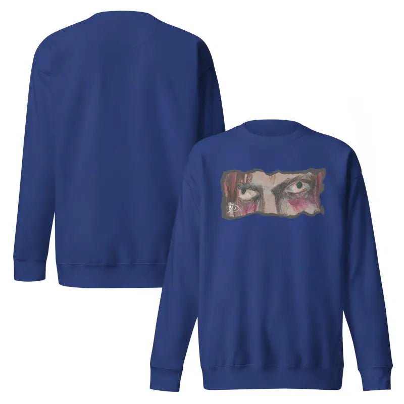 Blue sweatshirt featuring eye graphic in classic sweatshirt silhouette for urban elegance