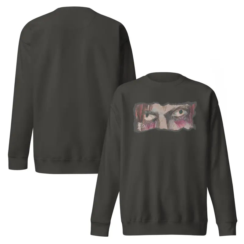 Gray sweatshirt featuring eye graphic, a timeless piece enriched with urban elegance