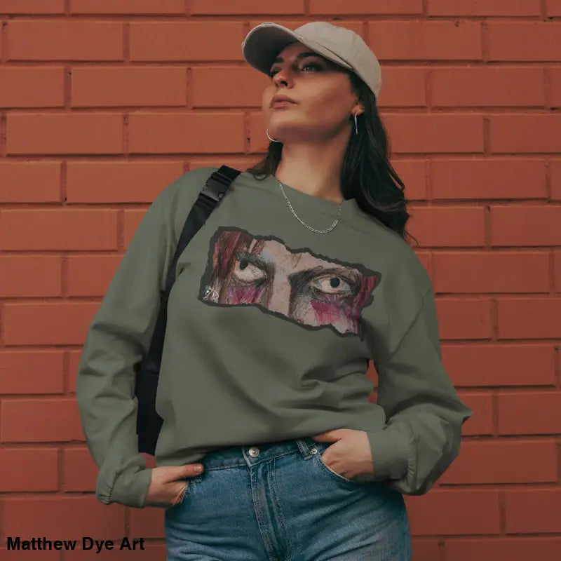 Olive green sweatshirt with eye graphic from Watcher’s Veil premium long sleeve shirt