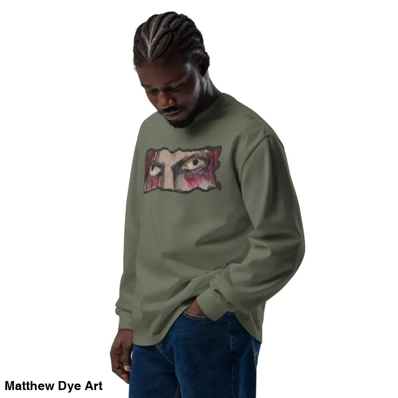 Olive green premium long sleeve shirt featuring an eye graphic for bold streetwear style