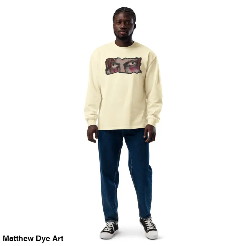 Man showcasing the Watcher’s Veil elegant premium long sleeve in cream with graphic print