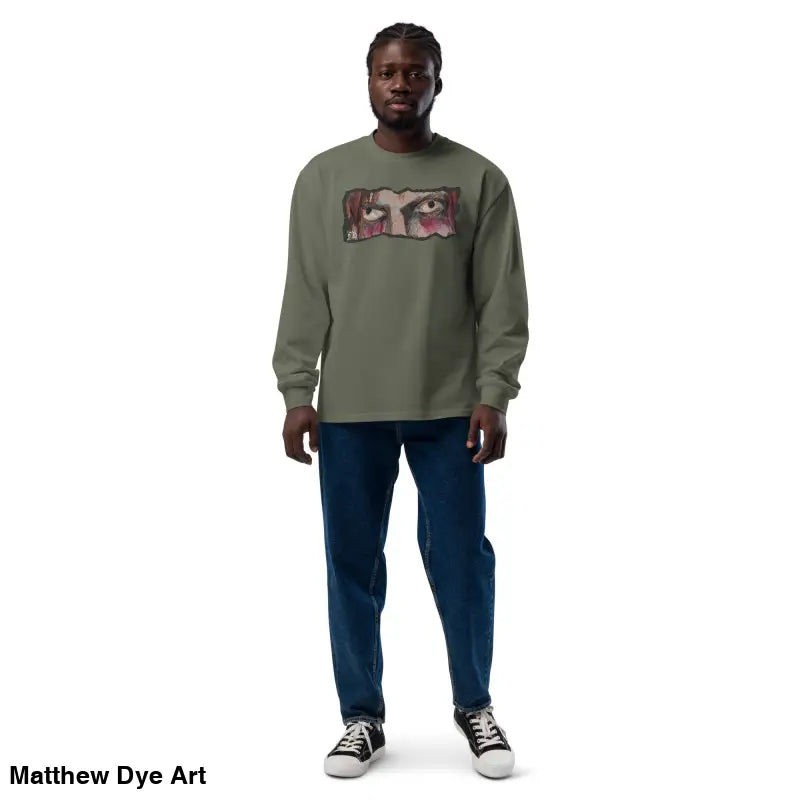 Man modeling the Watcher’s Veil Unisex Long Sleeve, an elegant premium long sleeve shirt