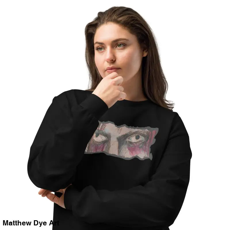 Black long-sleeved shirt with eye graphic, elegant premium long sleeve streetwear