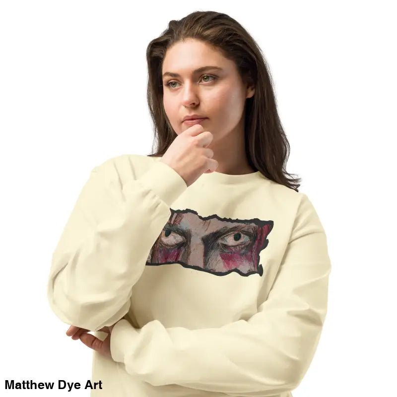 Beige sweatshirt featuring eye graphic from Watcher’s Veil elegant premium long sleeve