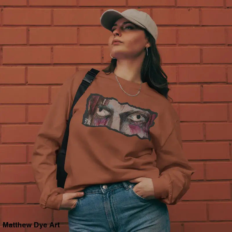 Woman’s brown sweatshirt with eye graphic from Watcher’s Veil elegant premium long sleeve