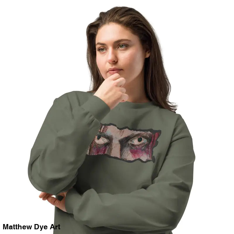 Olive green premium long sleeve shirt with eye graphic from Watcher’s Veil collection