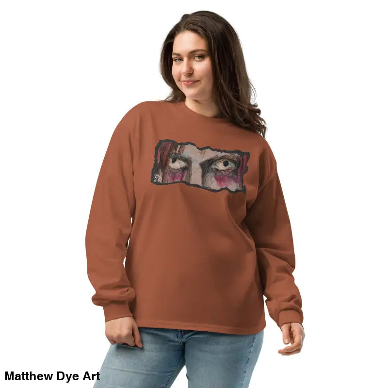 Woman in elegant premium long sleeve shirt featuring an eye graphic, ideal for streetwear