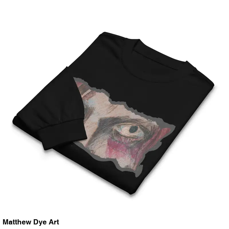 Folded black sweatshirt featuring eye graphic from Watcher’s Veil elegant premium long sleeve