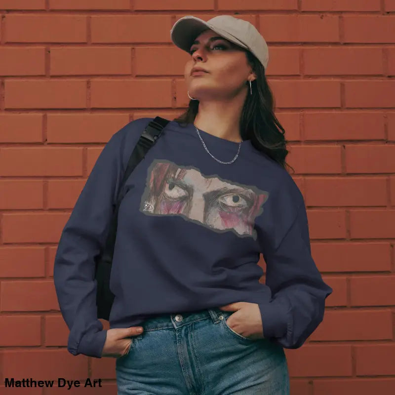 Navy sweatshirt with eye graphic in elegant premium long sleeve streetwear design