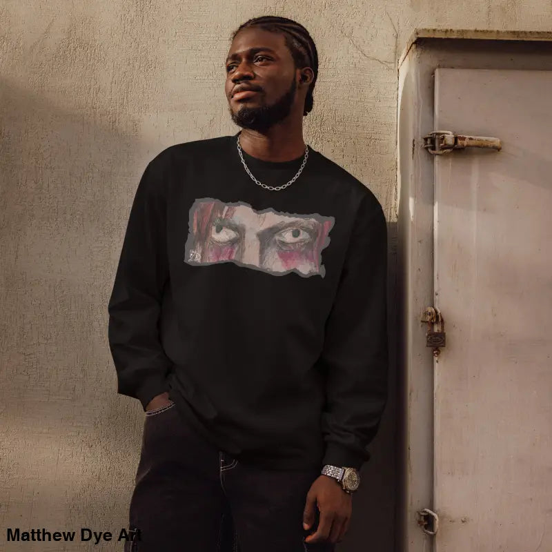 Black sweatshirt featuring an eye graphic, part of the elegant premium long sleeve collection