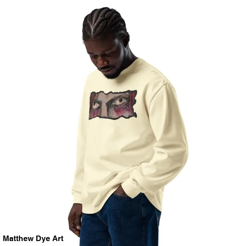 Cream-colored premium long sleeve shirt featuring eye graphic from Watcher’s Veil collection