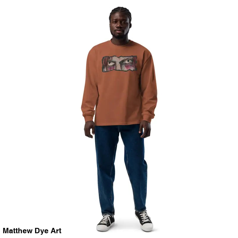 Man in brown elegant premium long sleeve shirt and blue jeans for Hauntingly Bold Streetwear